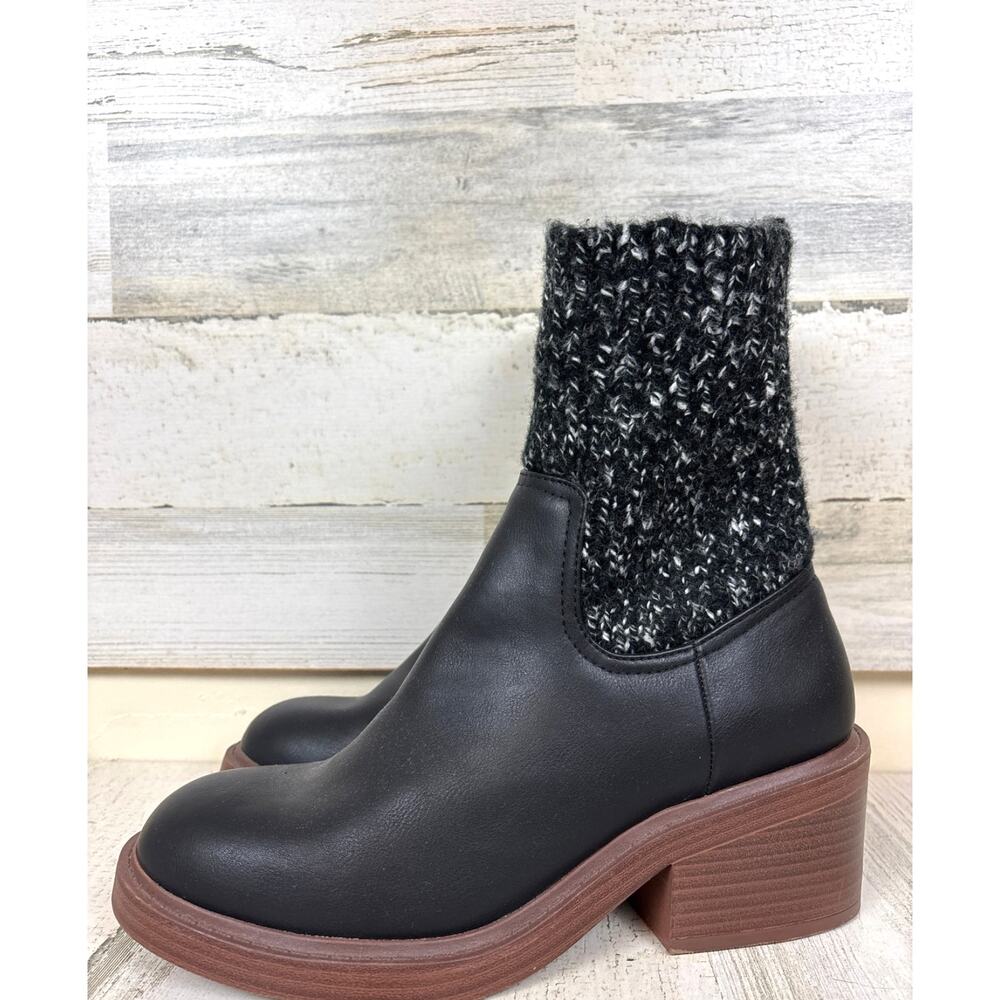 Portland Womens 10 Black Vegan Leather Knit Chelsea Heeled Ankle Boot NEW